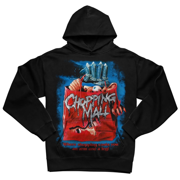 Black hoodie with ’chopping mall’ graphic design featuring a red and blue horror movie poster print.