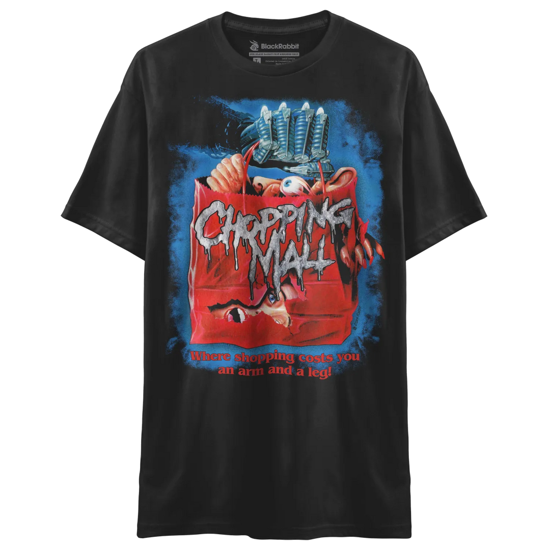 Black short-sleeved t-shirt with a horror-themed graphic print.