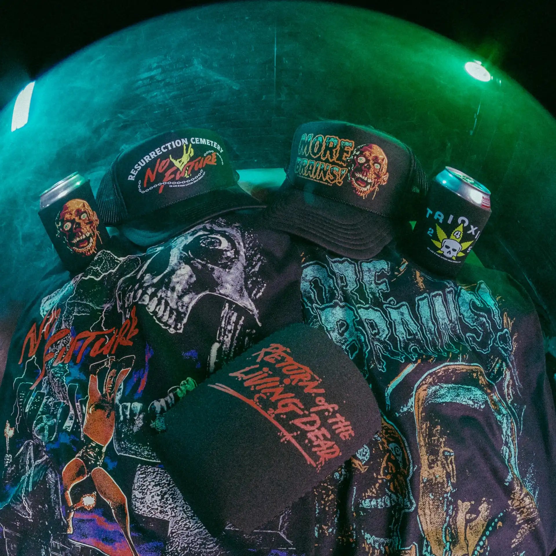 A collection of zombie-themed apparel and accessories.