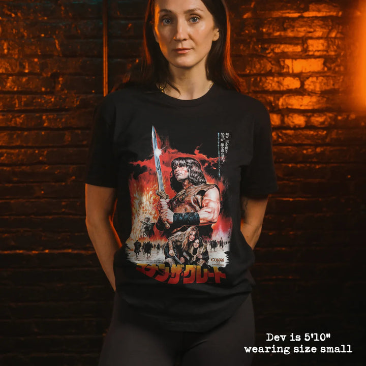 model wearing black premium tee with conan japan graphic 