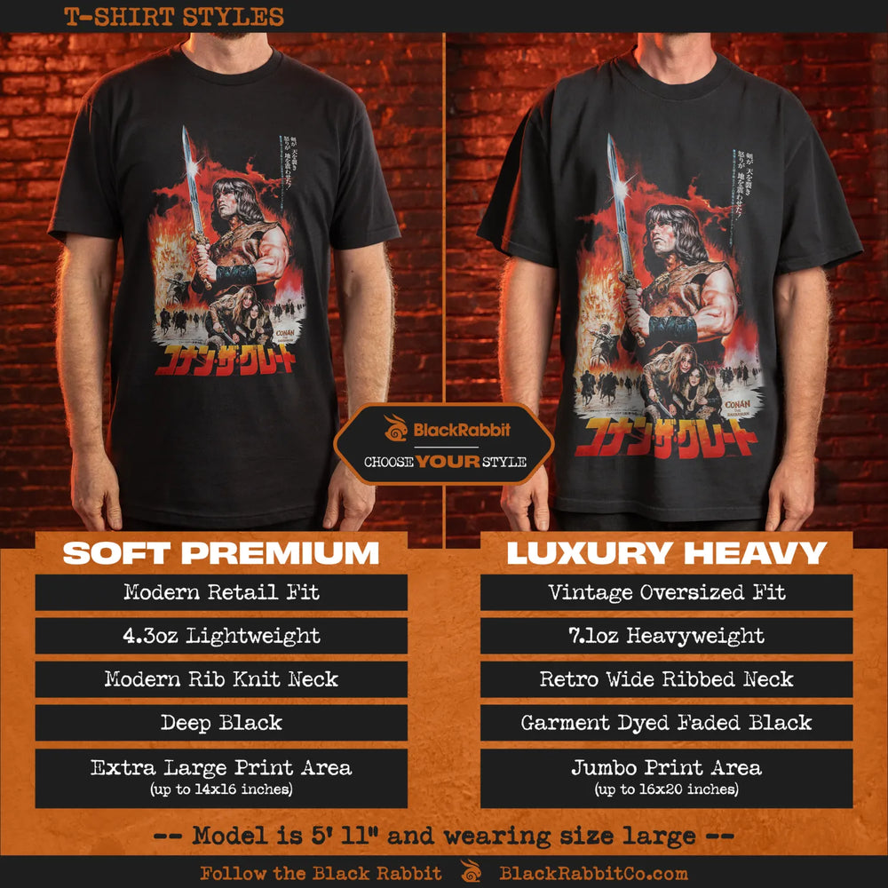 A display of two different black t-shirt styles featuring a graphic of a warrior with a sword.