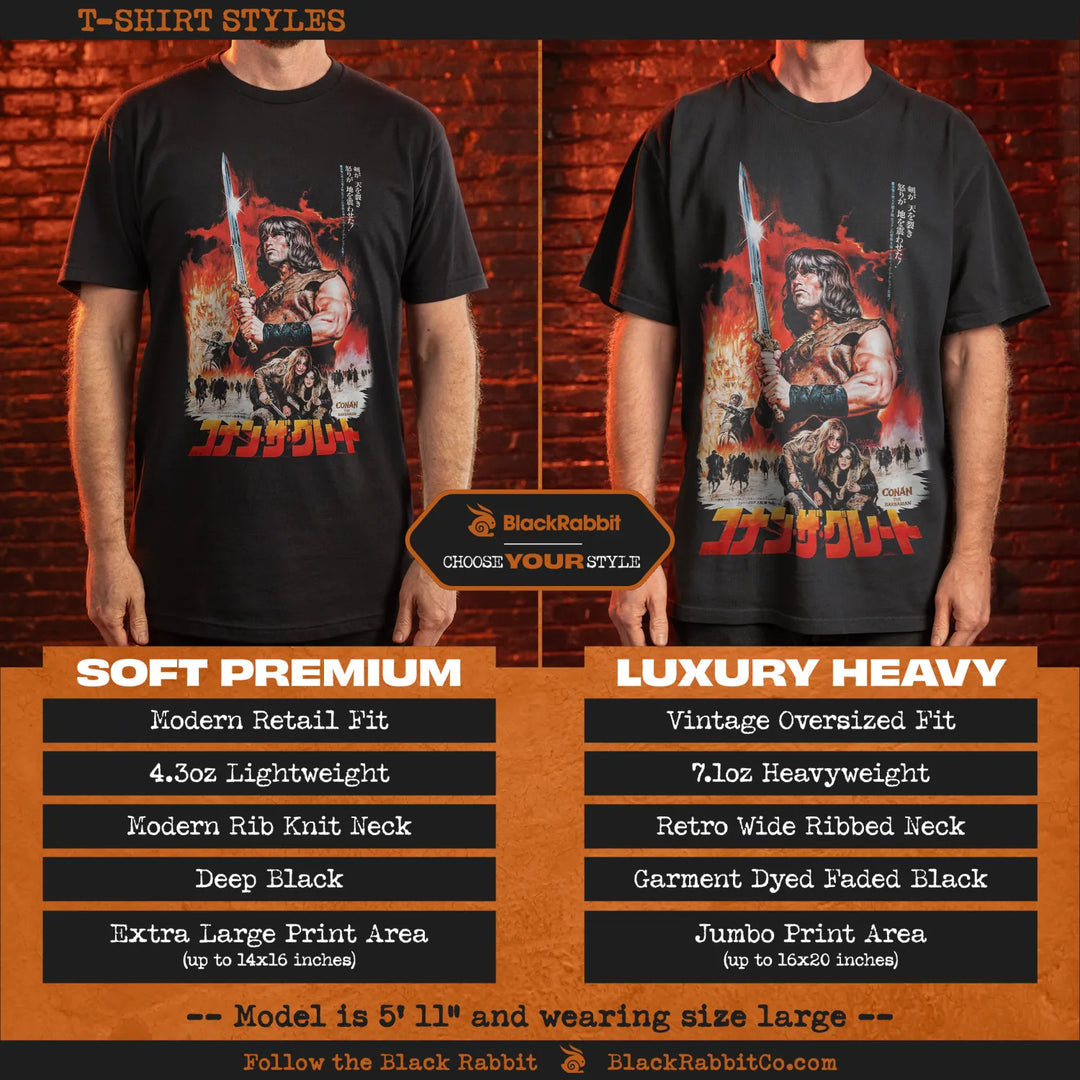 A display of two different black t-shirt styles featuring a graphic of a warrior with a sword.