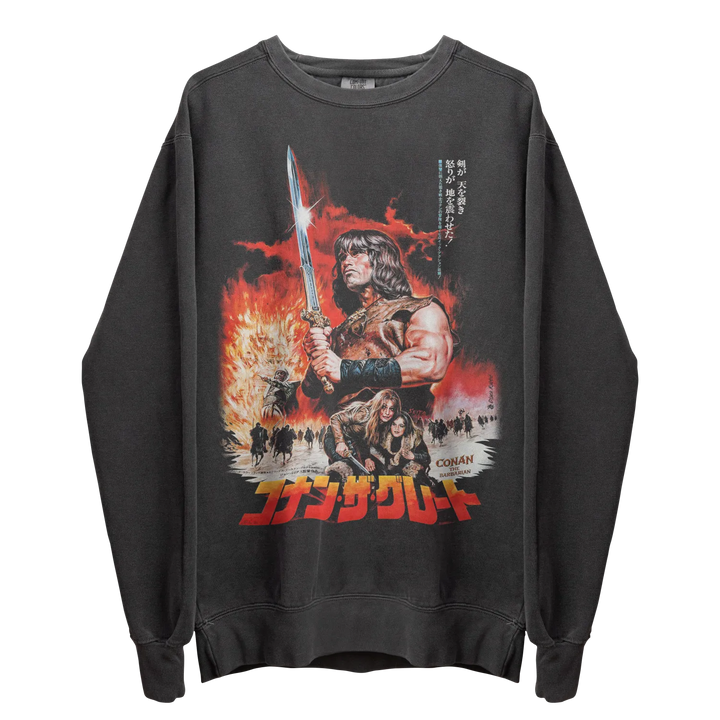 Dark grey crewneck sweatshirt featuring a graphic of Conan the Barbarian.