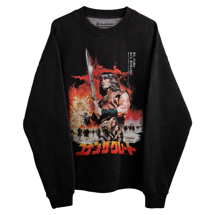 Black conan the barbarian sweatshirt with a fiery design and japanese text.