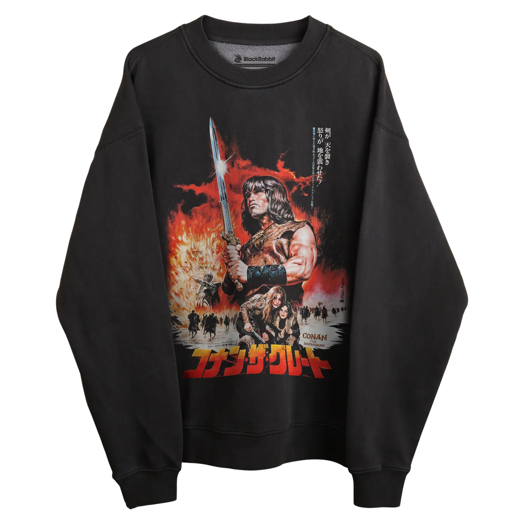 Black conan the barbarian sweatshirt with graphic design featuring a warrior and fiery background.