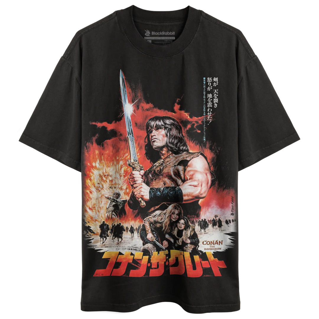 Black t-shirt with a vintage ’Conan the Barbarian’ movie poster graphic.
