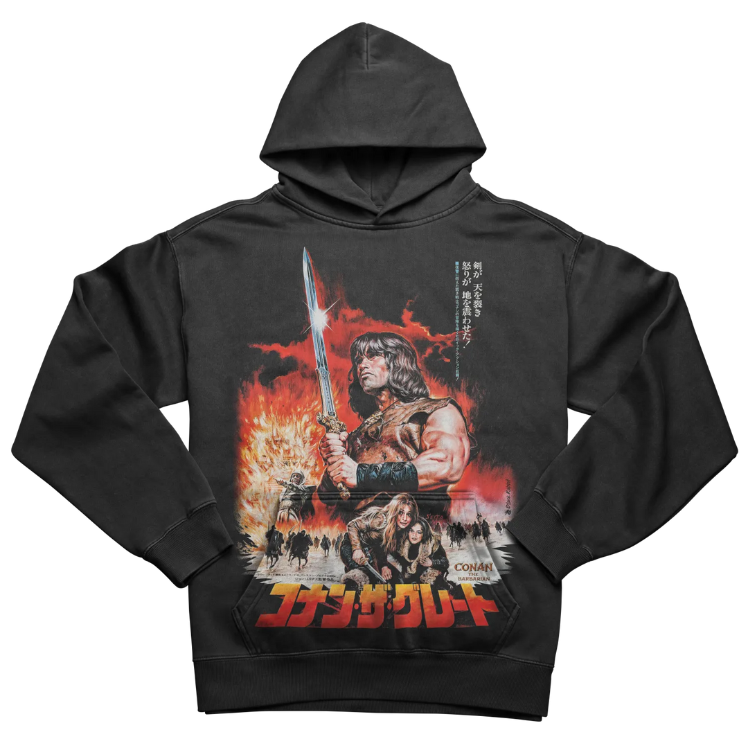 Black hoodie with a Conan the Barbarian movie poster graphic.
