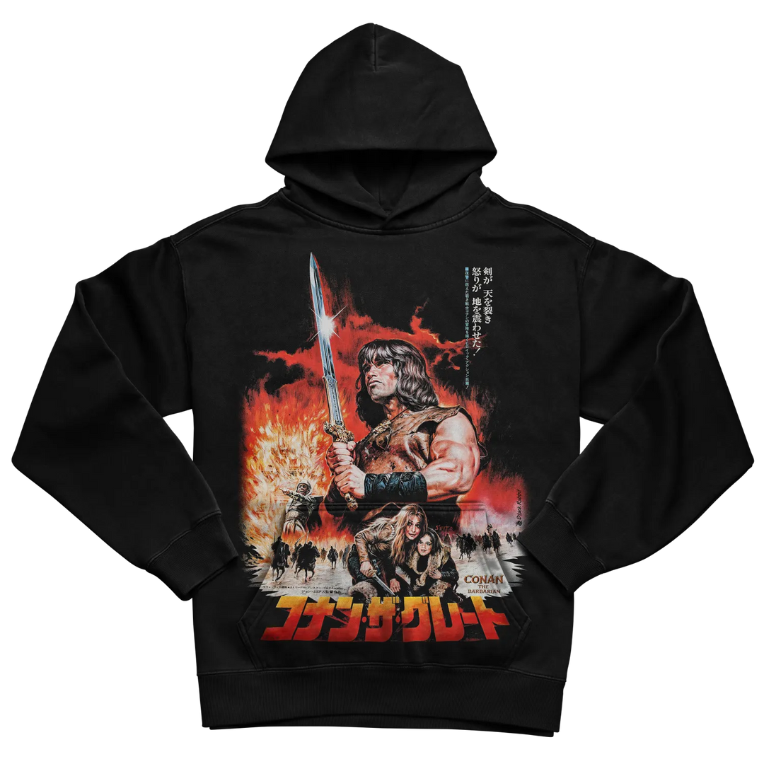 Black conan the barbarian hoodie with graphic design featuring a warrior and japanese text.