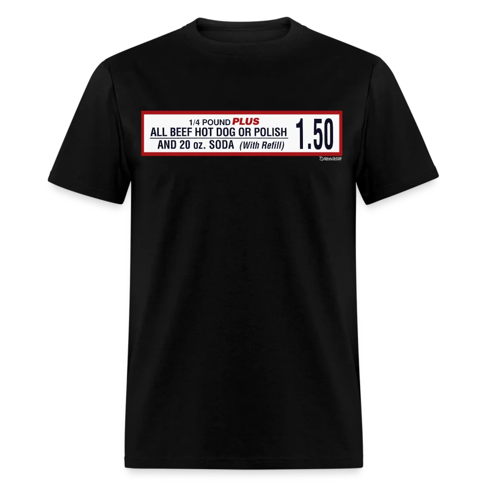 Black t-shirt with a food price list.
