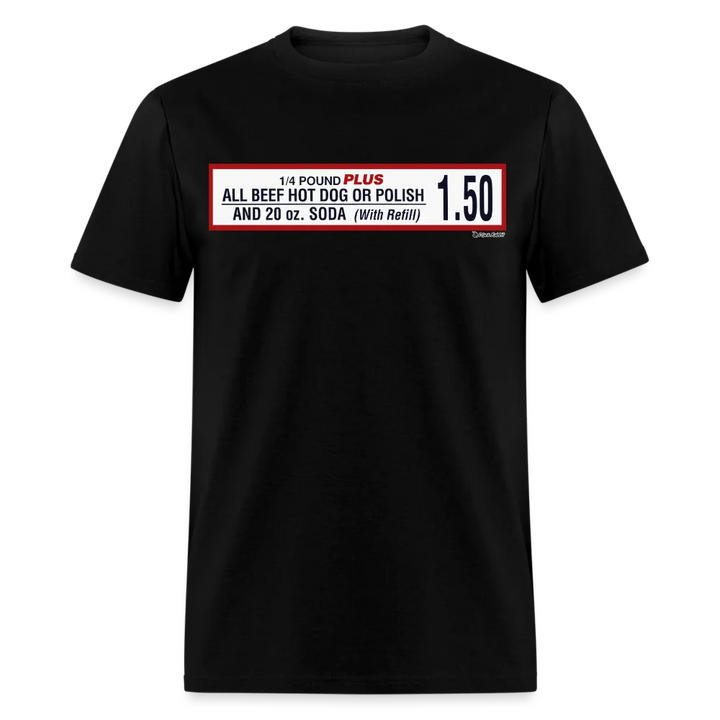 Black t-shirt with a food price list.
