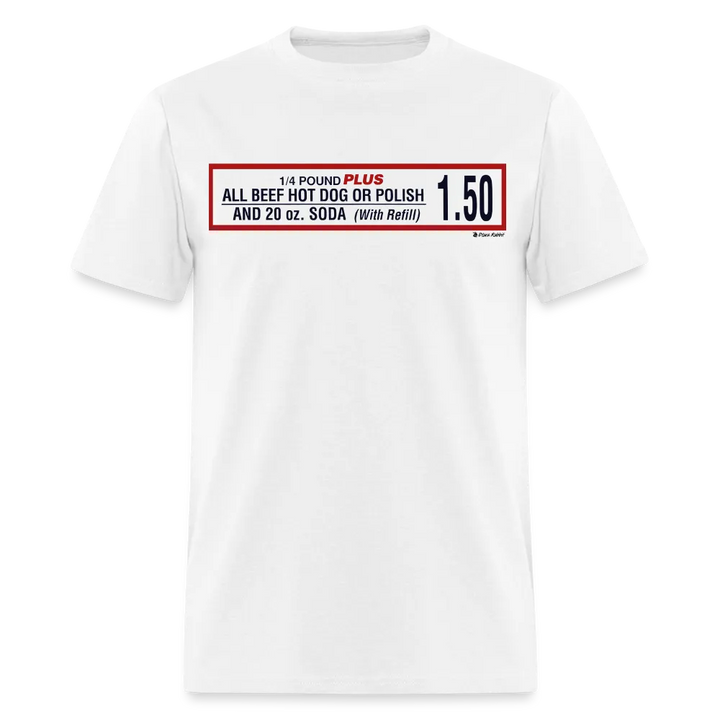 White t-shirt with a food deal graphic.