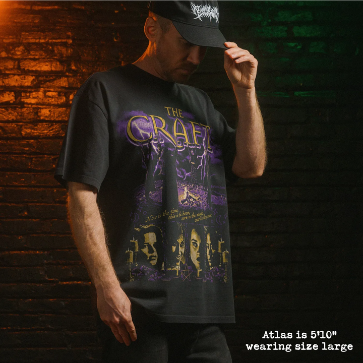 Model wearing heavy tee with the craft graphic 