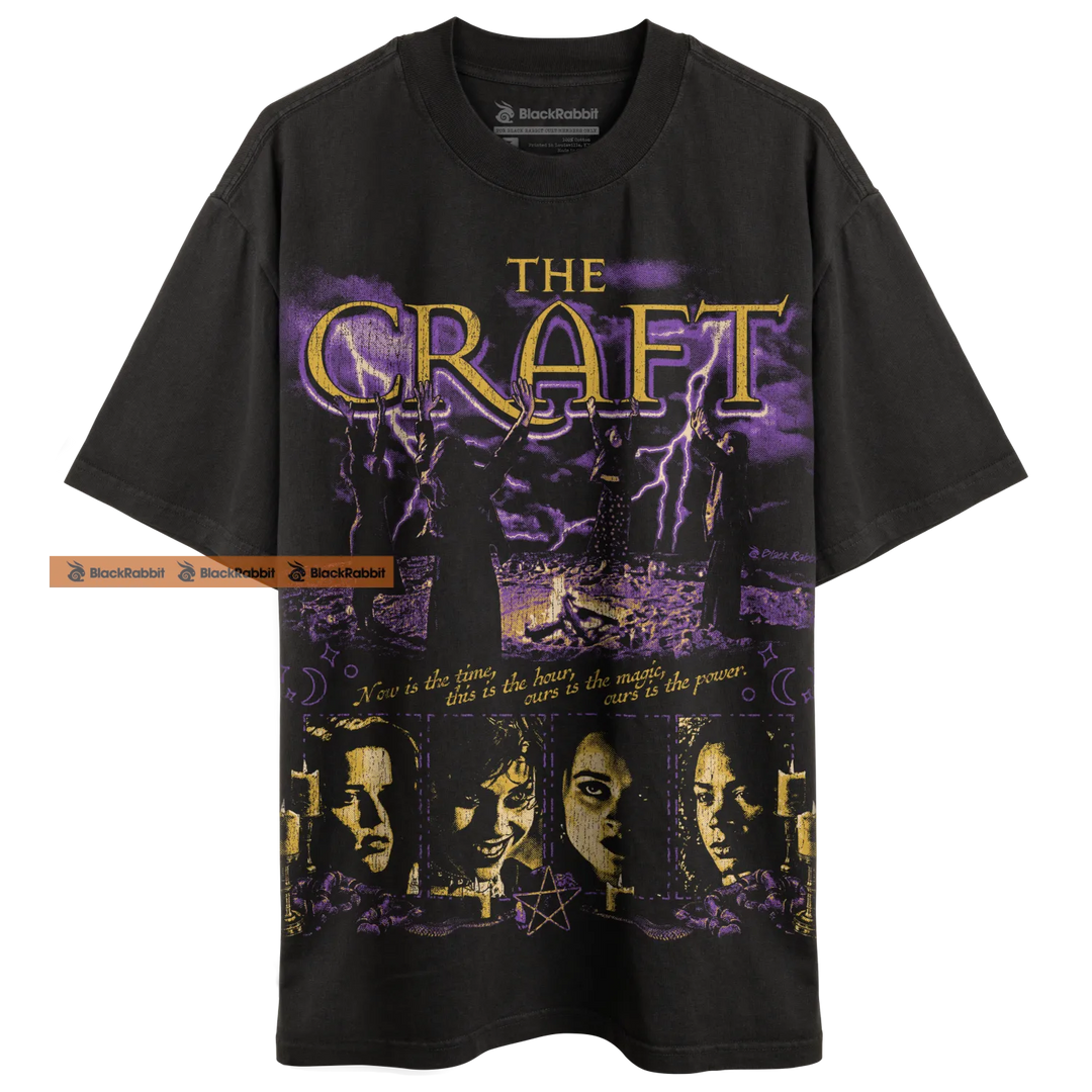 Black t-shirt with ’The Craft’ graphic.
