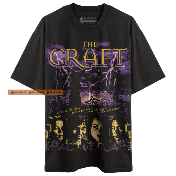 Black t-shirt with ’The Craft’ graphic.