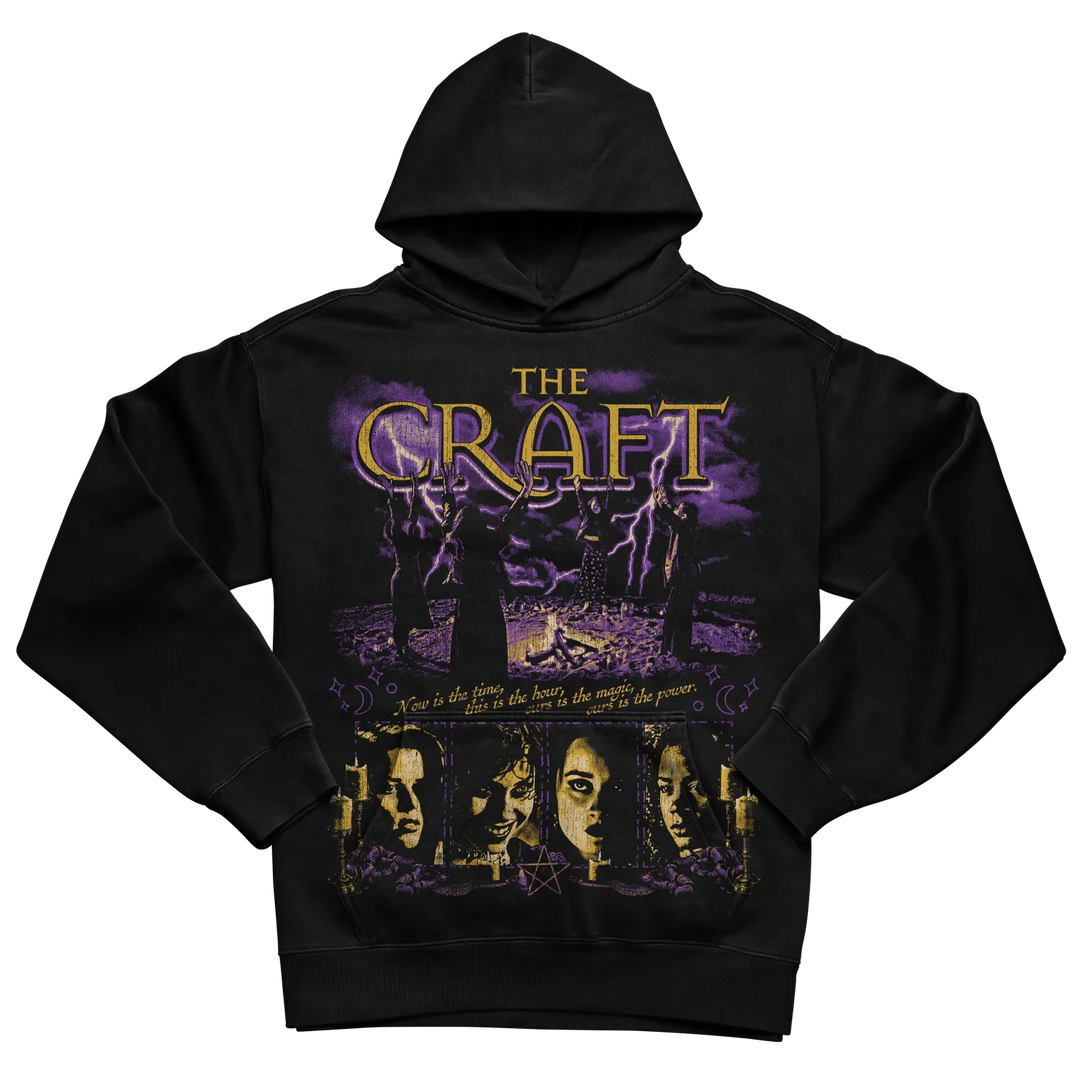 Black hoodie with ’the craft’ design featuring characters and movie title in gold.