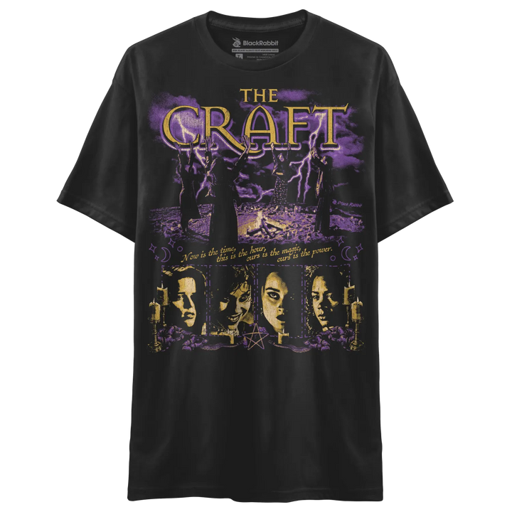 Black t-shirt with a purple and yellow graphic print of ’The Craft’ movie.