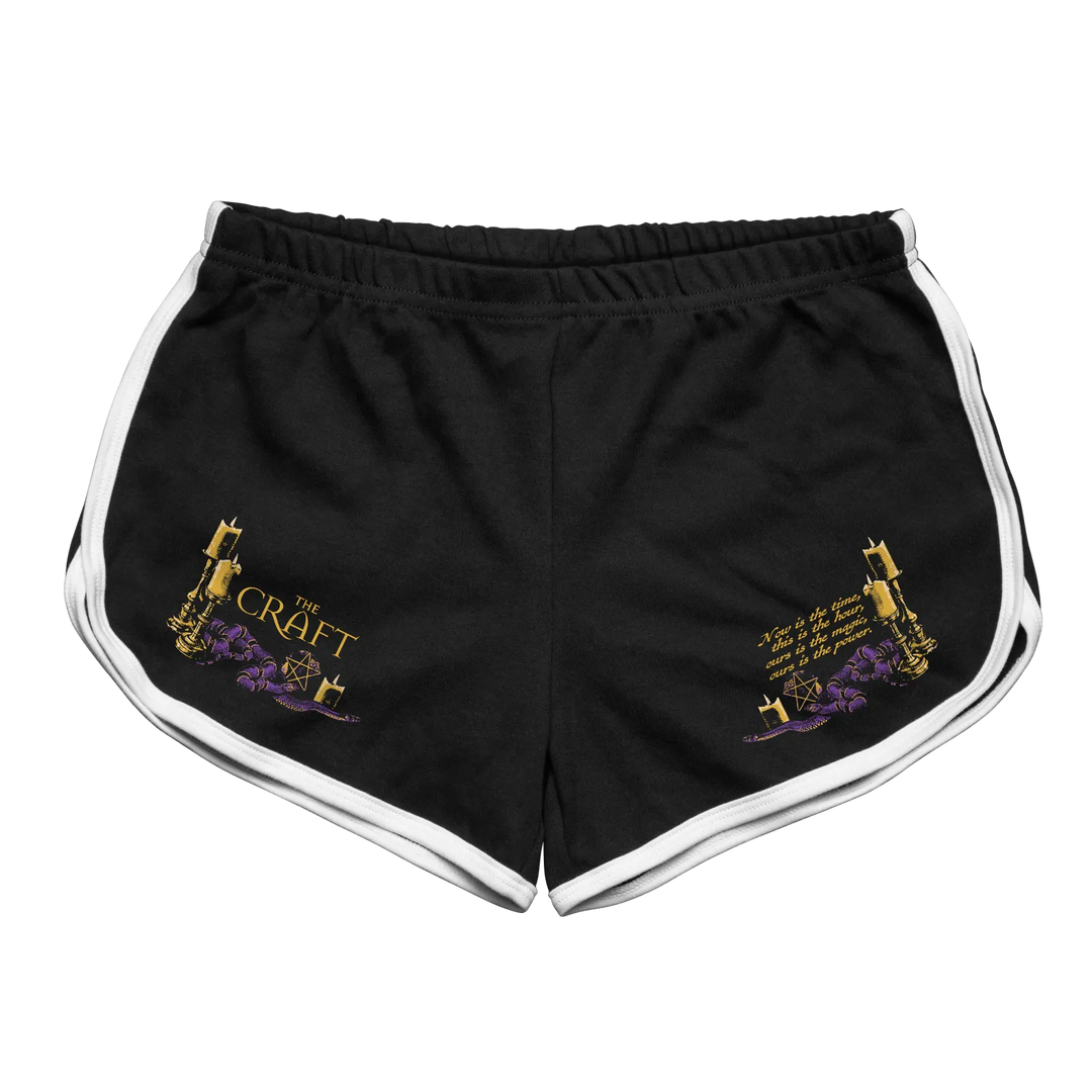 Black rabbit women’s retro sport shorts in preshrunk cotton with white stripes and gold purple the craft embroidery