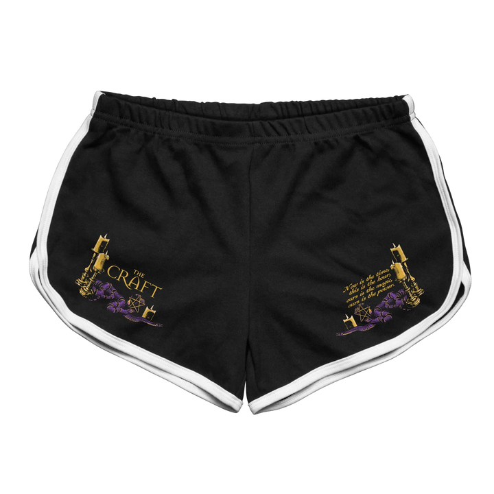 Black rabbit women’s retro sport shorts in preshrunk cotton with white stripes and gold purple the craft embroidery