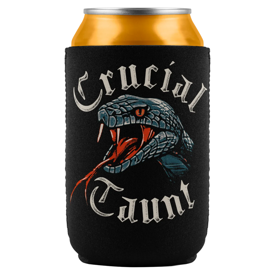 Black fabric Crucial Taunt 2-sided insulated can cooler with blue snake design and white gothic crucial text, perfect dusk till dawn conversation starter