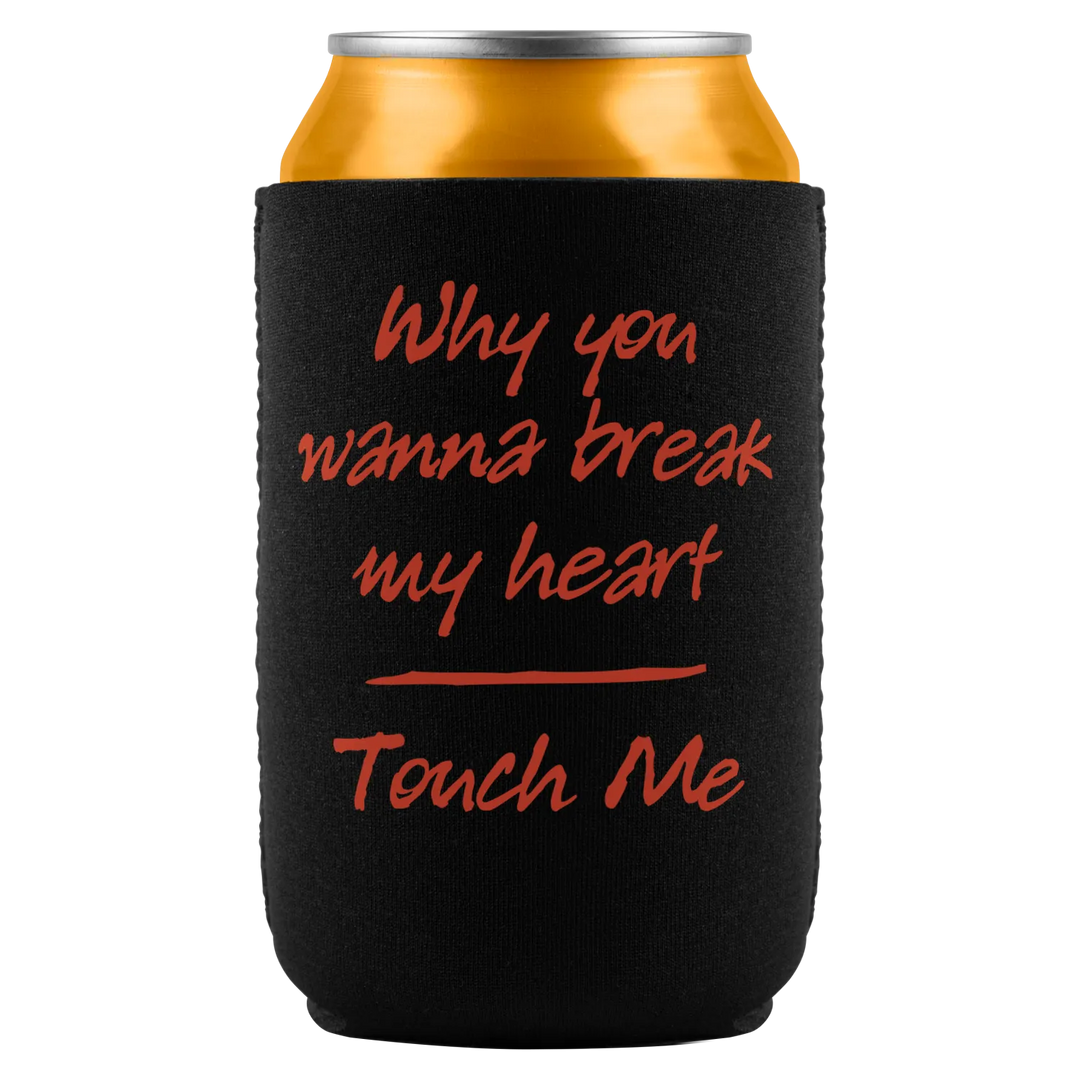 Black fabric insulated can cooler with orange cursive text snugly fits golden can perfect dusk till dawn titty twister conversation starter