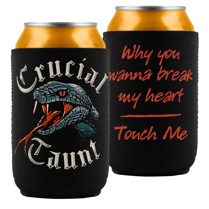 Black insulated can cooler featuring a blue and orange snake illustration with crucial taunt text ideal for dusk till dawn use