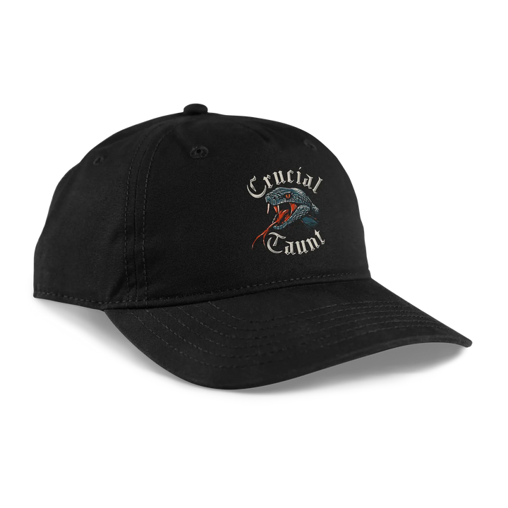 Black mesh trucker hat featuring a snake with red tongue and white crucial taunt lettering 