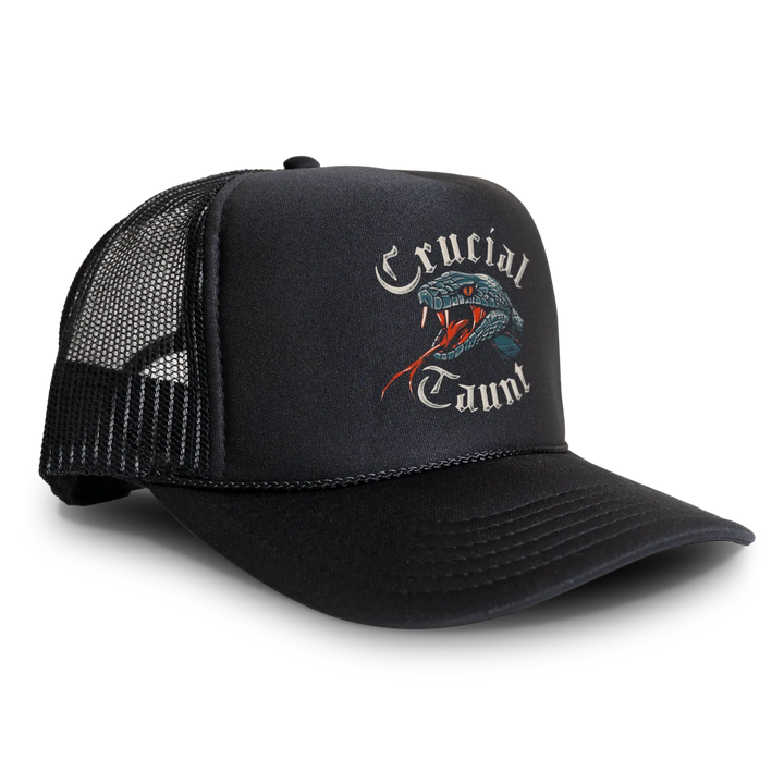 Black mesh trucker hat with Crucial Taunt snake logo 