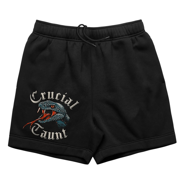 Black fleece sweat shorts featuring an embroidered snake with red eyes and crucial taunt in white gothic lettering