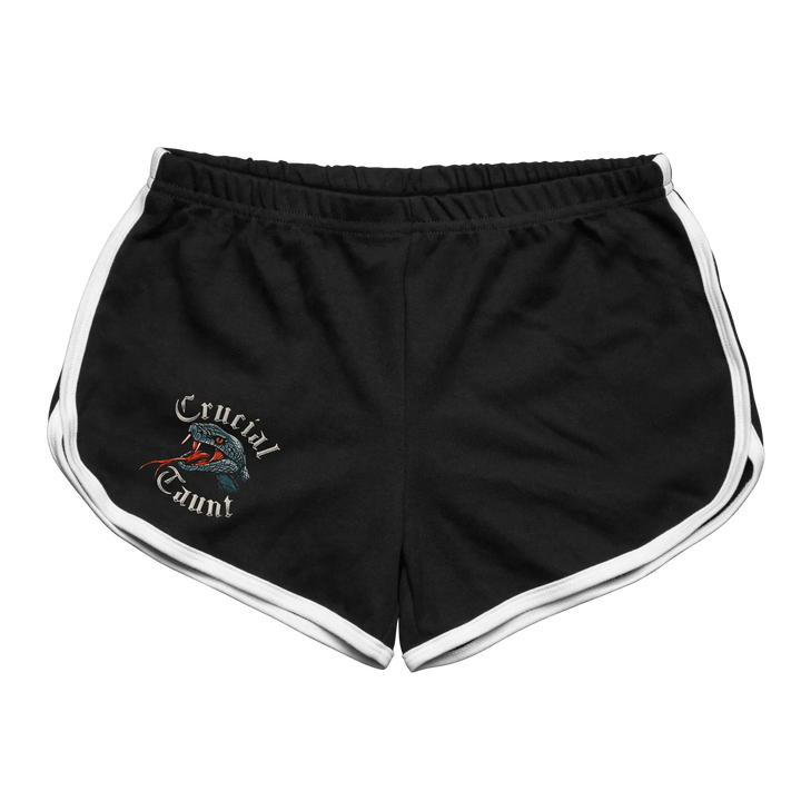 Black rabbit women’s crucial taunt retro sport shorts with white side stripes and embroidered snake logo in classic running short silhouette