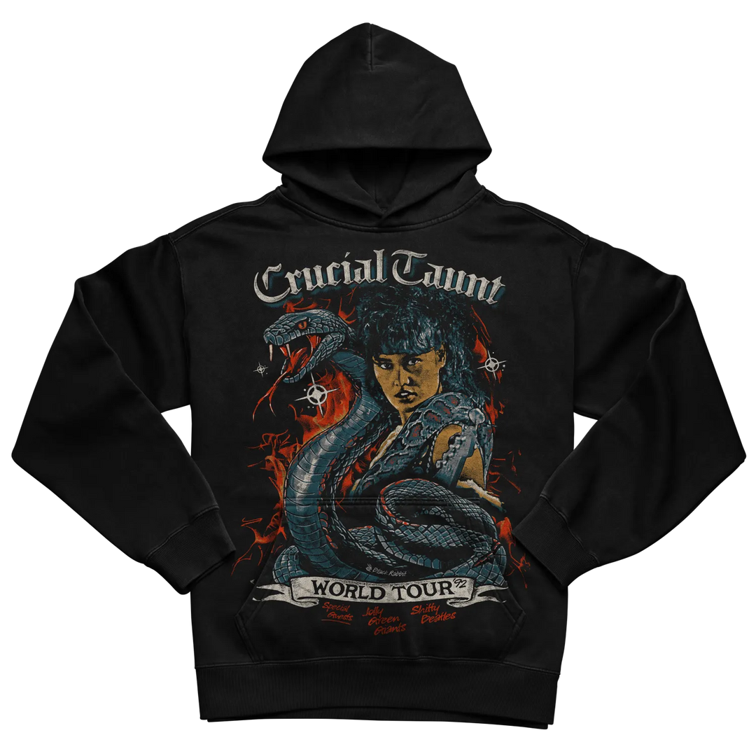 Black hoodie with graphic design of a woman and snake, ’crucial taunt world tour’ text.
