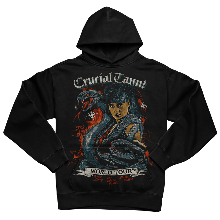 Black hoodie with graphic design of a woman and snake, ’crucial taunt world tour’ text.