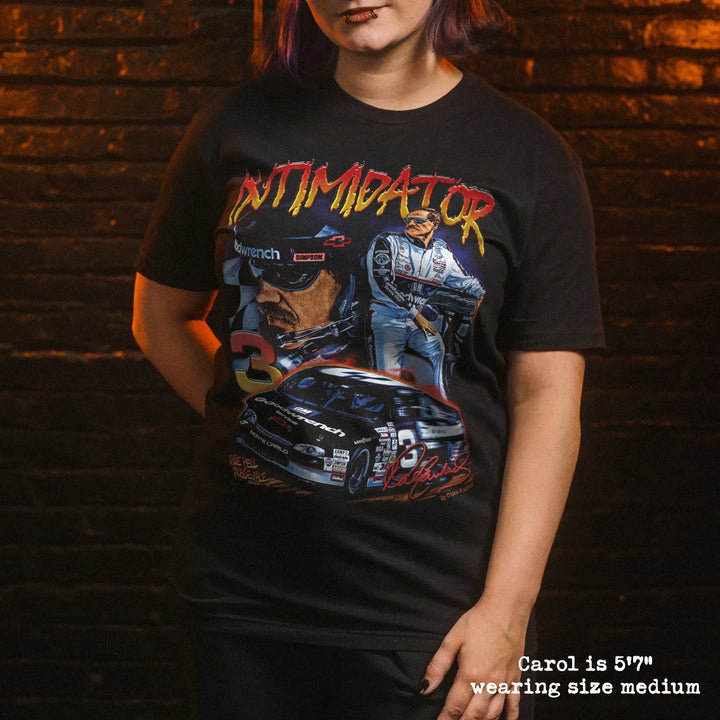 model wear soft premium tee with intimidator graphic
