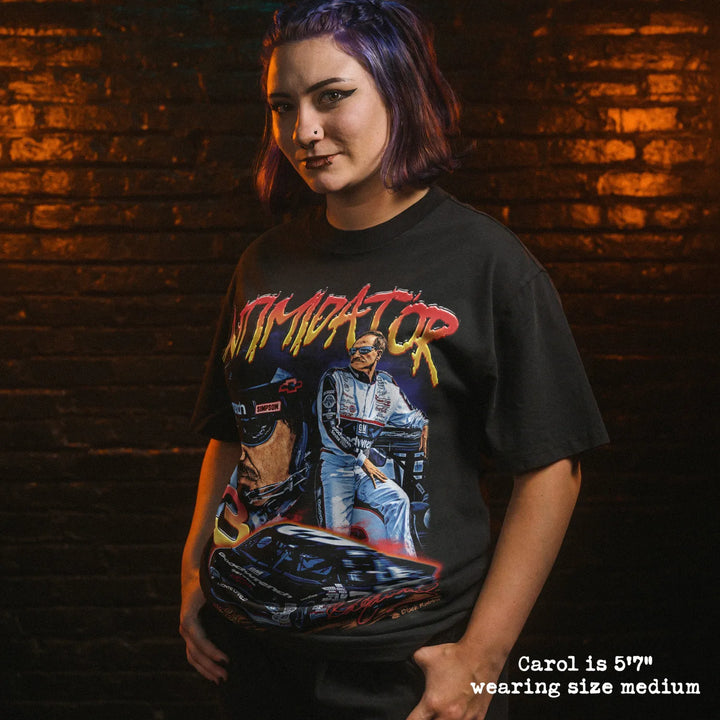 Model wearing heavy tee with intimidator graphic 