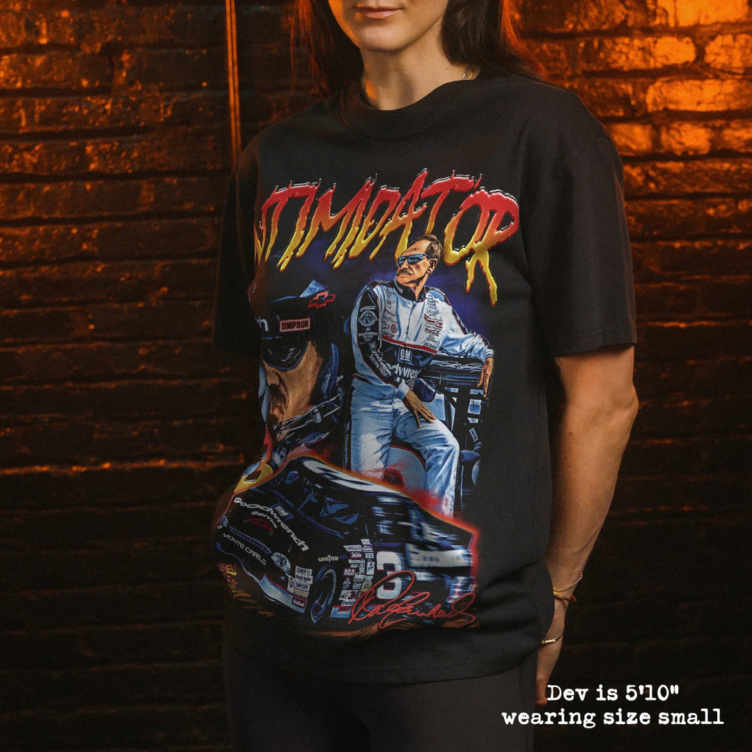Model wearing heavy tee with intimidator graphic 