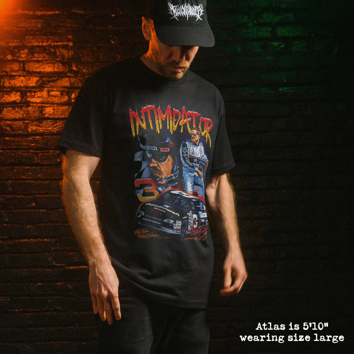 Male model wear soft premium tee with intimidator graphic
