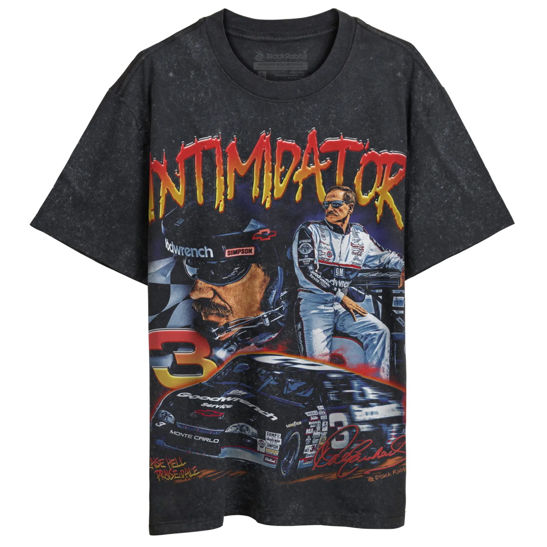 Black short-sleeved t-shirt with a vintage-style graphic print of Dale Earnhardt Sr. and his race car.