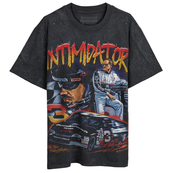 Black short-sleeved t-shirt with a vintage-style graphic print of Dale Earnhardt Sr. and his race car.