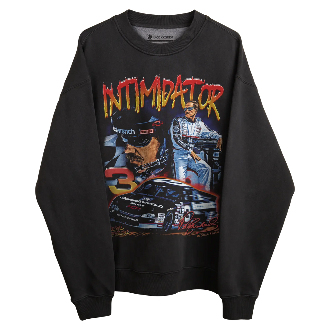 Charcoal gray crewneck sweatshirt with ’intimidator’ graphic design featuring a race car and two individuals, likely nascar-related.
