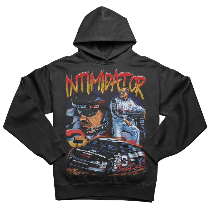 Black hoodie featuring a graphic print of Dale Earnhardt and his race car.