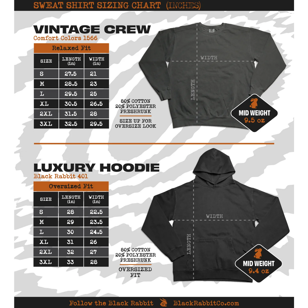 A sizing chart for two types of sweatshirts: a vintage crewneck and a luxury hoodie.