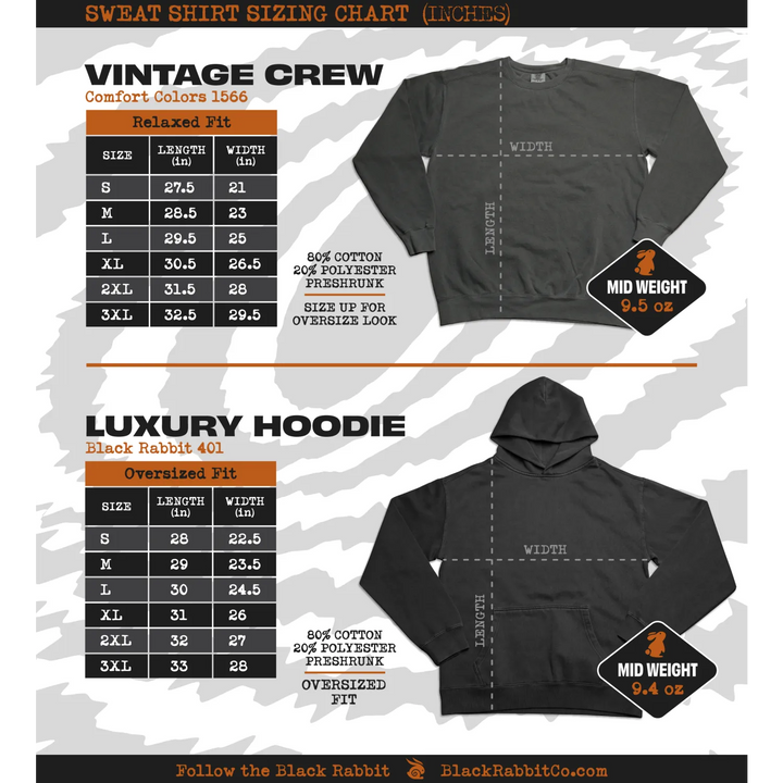 A sizing chart for two types of sweatshirts: a vintage crewneck and a luxury hoodie.
