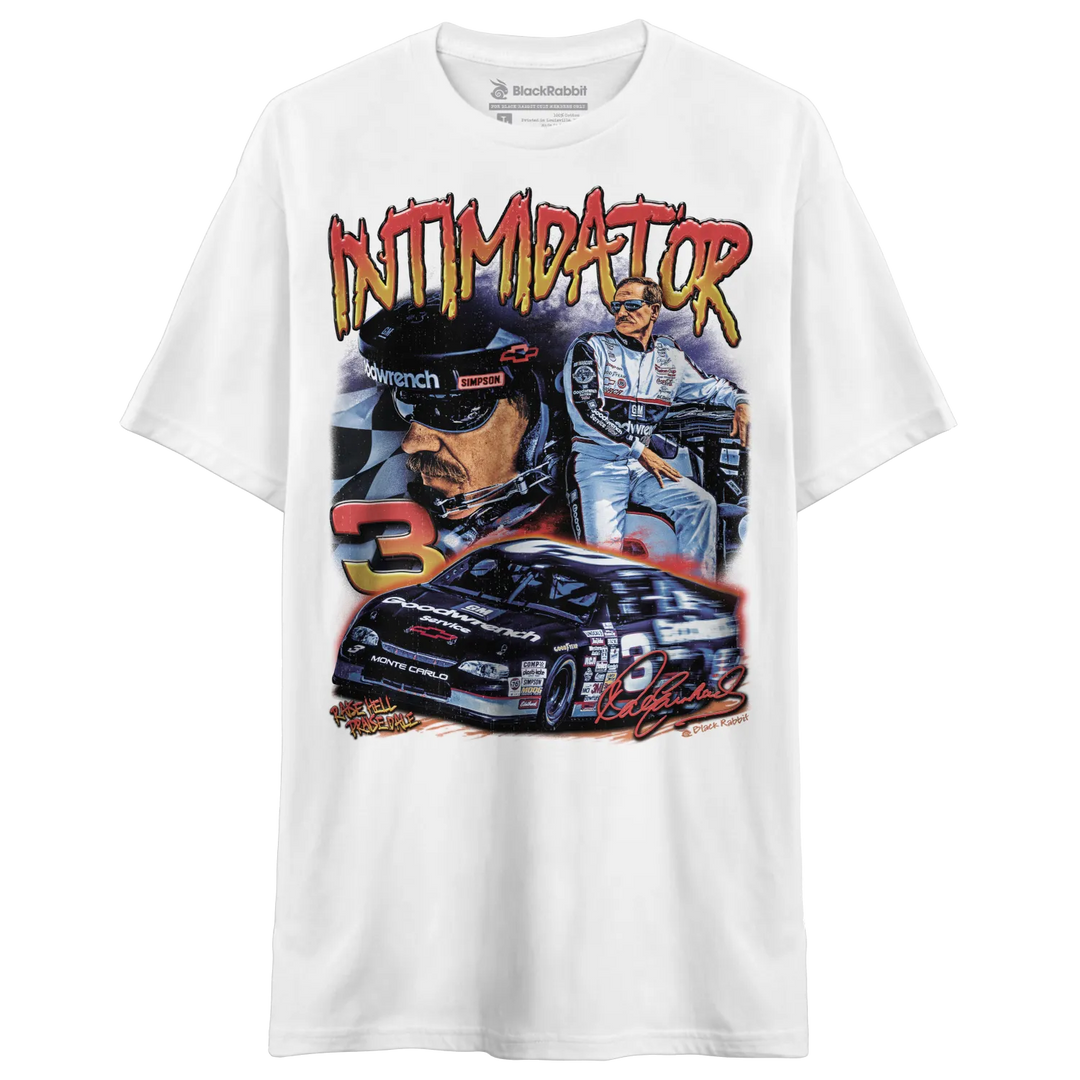 White graphic t-shirt featuring a racing theme with a car and a driver.