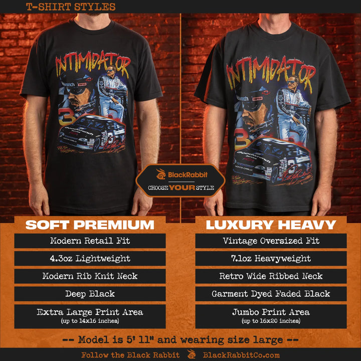 A comparison of two black t-shirts, ’Soft Premium’ and ’Luxury Heavy’, featuring a racing-themed graphic.