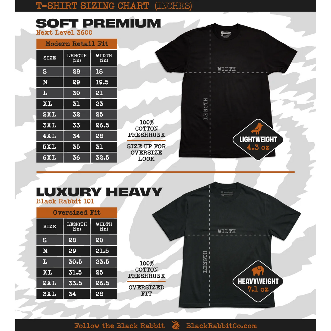 T-shirt sizing chart with two fit options.