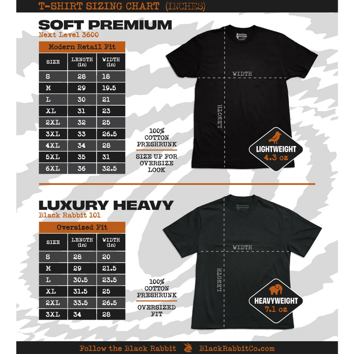 T-shirt sizing chart with two fit options.