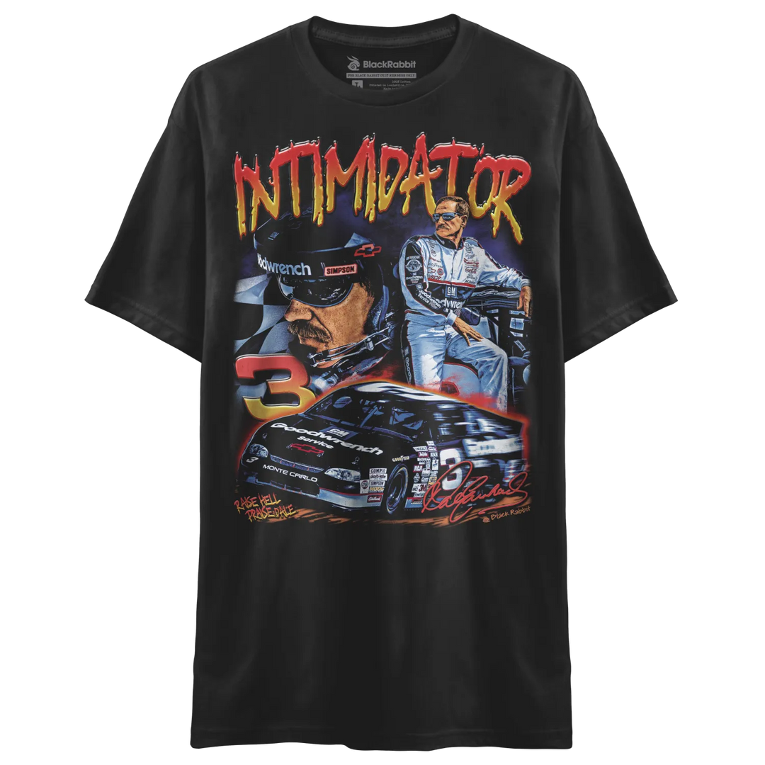 Black short-sleeved t-shirt with a colorful graphic print of a race car and driver.