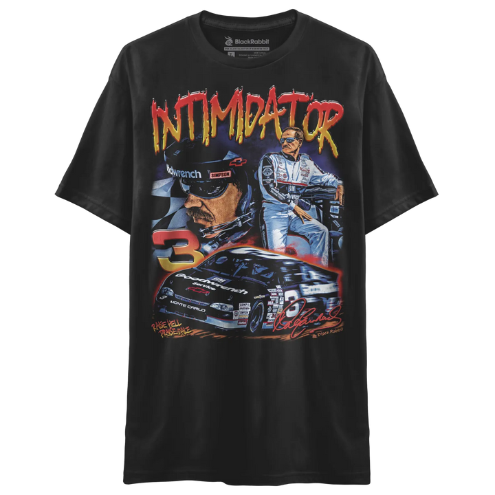 Black short-sleeved t-shirt with a colorful graphic print of a race car and driver.