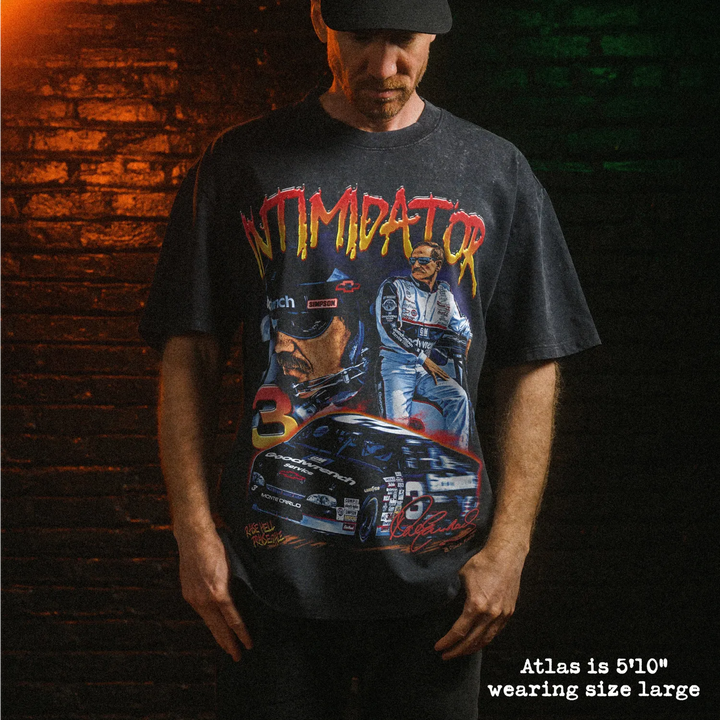 Male model wearing stone wash heavy tee with intimidator graphic 