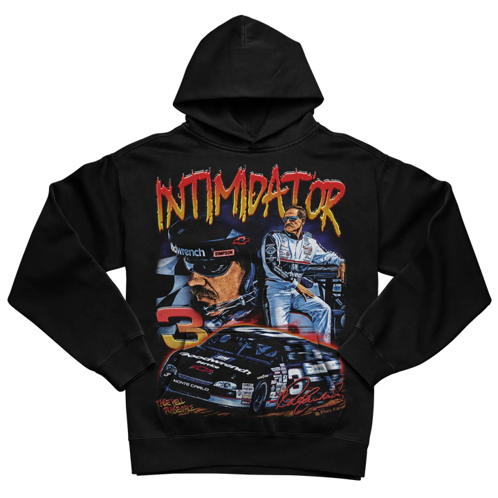 Black hooded sweatshirt with ’intimidator’ graphic and race car design.