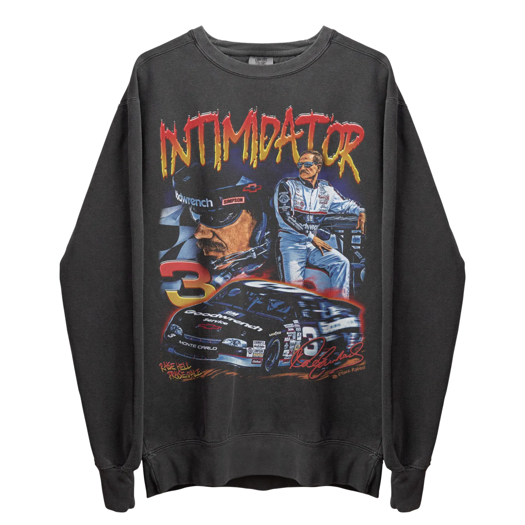 Charcoal grey crewneck sweatshirt with a vintage-style graphic of a race car driver and car.